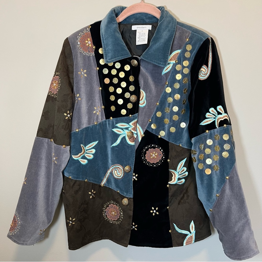 Vintage Artsy‎ Women’s Blue Black Sequin Patchwork Velvet Blazer Small Dressbarn